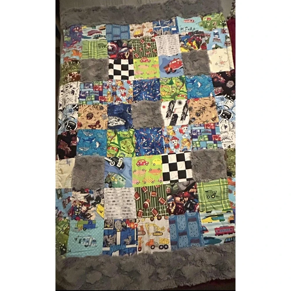 Handmade 54x37 Sensory Squares Blanket Kid Faux Fur Trim Tie Dyed Fleece Backing